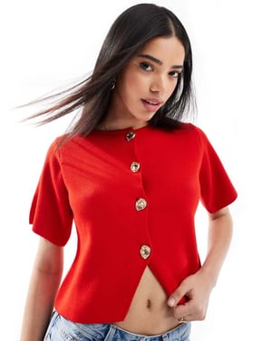 ASOS DESIGN compact knit short sleeve cardigan in red