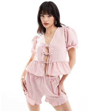 Miss Selfridge puffärm knytframs topp co-ord i rosa rutigt