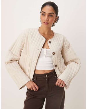 ASOS DESIGN linen crop collarless quilted jacket in oatmeal