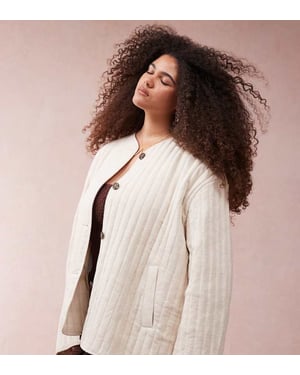 ASOS DESIGN Curve linen dolphin hem collarless quilted jacket in oatmeal