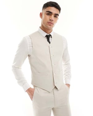 ASOS DESIGN super skinny med linnekostymväst i stenbeige