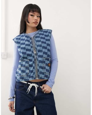 Santa Cruz logo zip through denim gilet in tonal blue checkerboard