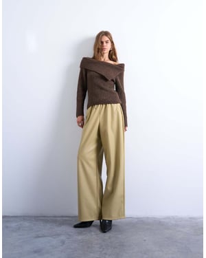 Topshop drawstring pull on faux leather straight leg trouser in taupe