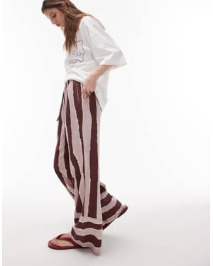 Topshop linen brush stroke stripe deep cuff straight leg trouser in burgundy