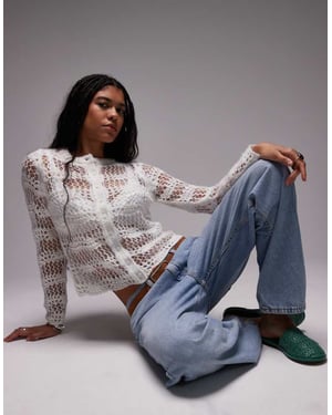 Topshop knitted pointelle button cardi in ivory