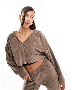 Kaiia bomullsblandning studio handduks zip genomkort hoodie co-ord i brunt