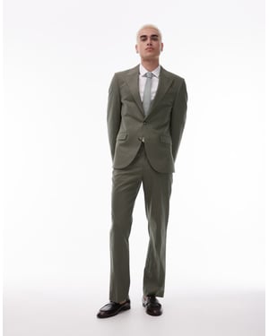Topman straight linen blend suit trouser in khaki