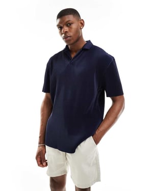 ASOS DESIGN relaxed revere plisse polo in navy