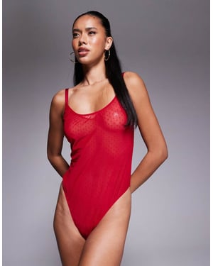 ASOS DESIGN Lara prickigt mesh- och spetsen mjuk bodysuit i röd