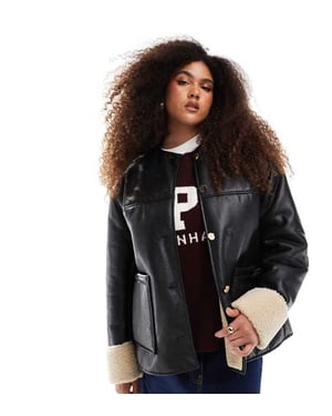 ASOS DESIGN Curve collarless borg bonded jacket in black