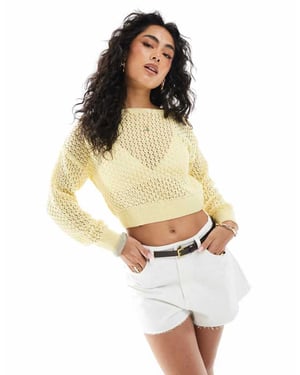 Miss Selfridge slash neck crochet long sleeve top in lemon