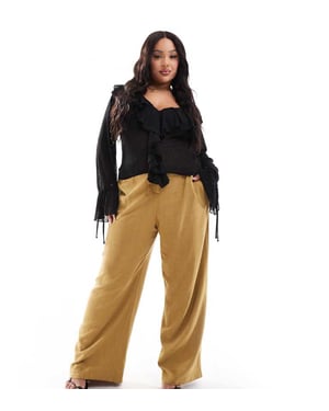 ASOS DESIGN Curve skräddarsydda högmidjade byxor med sömdetaljer och vida ben i linne i olivgrön
