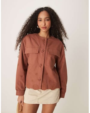 ASOS DESIGN collarless twill broderie jacket in rust