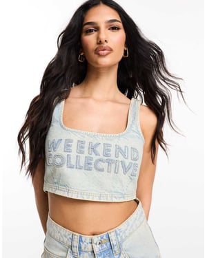 Weekend Collective denim bralette med rå kantlogotyp