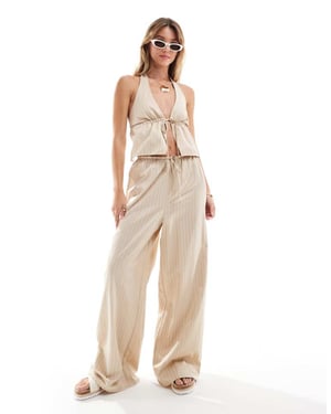 Miss Selfridge poplin avslappnad byxa med vida ben i beige randig koord