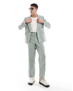 ASOS DESIGN byxor med tunn barrel-leg i grön linne med hundtandsmönster