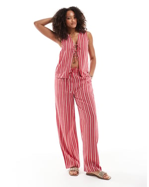 ASOS DESIGN linen look pull on trouser co-ord in red stripe