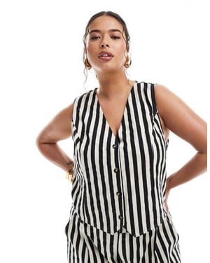 ASOS DESIGN Curve väst i linne med monokrom randkoord