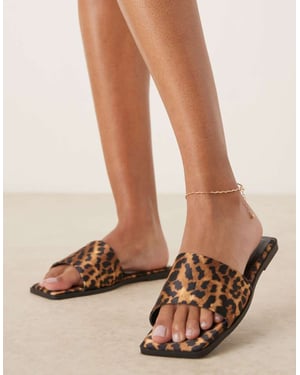 ASOS DESIGN Fig square toe flat mule sandals in leopard satin