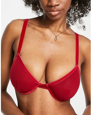 ASOS DESIGN Fylligare byst Alaia mesh- och sammetstrim underwire-bh i burgundy
