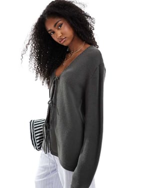 ASOS DESIGN v neck knitted oversized tie front cardigan in olive