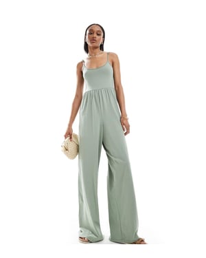 ASOS DESIGN Lång scoop-neck axelbands bredbyxoverall i khaki