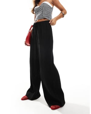 Vila textured wide leg tie waist trousers in black