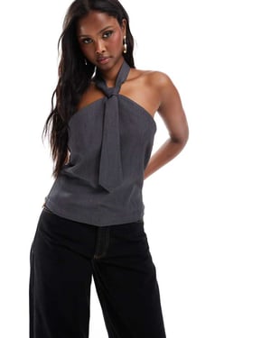 ONLY tailored halterneck top with tie detail in grey
