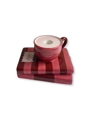 House Vitamin Candle holder cup on pile of books red/pink dolomite 16,5x13,5x9,5cm
