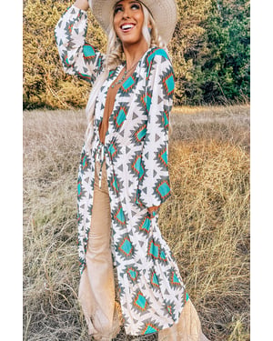 White Western Aztec Print Duster Open Front Top