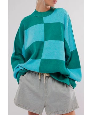 Green Checkered Side Slits Drop Shoulder Oversized Sweater