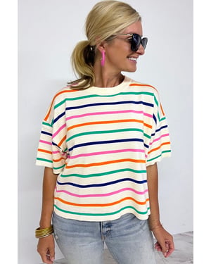 Striped Knit Short Sleeve Pullover