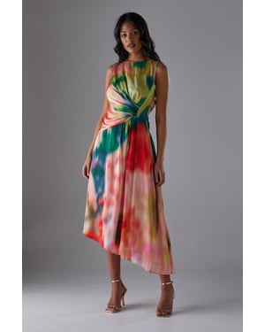 Printed Satin Sleeveless Knot Front Asymmetric Hem Midi Dress