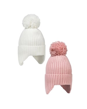 Minoti Meisjes Pom Pom Ribbed Beanie Set (Set van 2) (Wit/Roze)