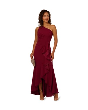 Crepe One Shoulder Ruffle Gown