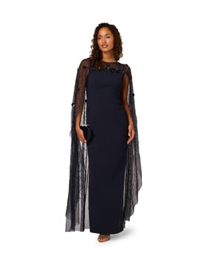 Bead Cape Crepe Long Dress