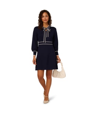 Tie Neck Tipped Fit And Flare Knee Length Sweater Dress