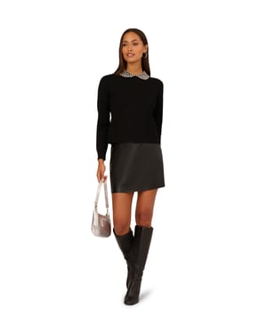 Embellished Polo Collar Long Sleeve Pullover Sweater