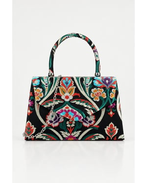 Floral Satin Embroidered Top Handle Bag in Black