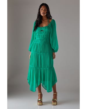 Chiffon Gathered Seam Halter Tie Hanky Hem Midi Dress