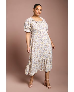 Curve Ruffle Neckline Frill Sleeve Tiered Midi Dress