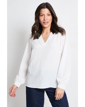 Bubble Crepe V Neck Long Sleeve Blouse
