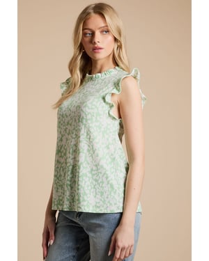 Frill Yoke Printed Jersey Shell Top