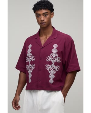 Boxy Crop Textured Revere Embroidered Shirt