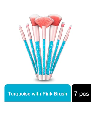 Cosmic Makeup Brush Set 7 Piece Turquoise Liquid Glitter Handle Beauty Tool Kit