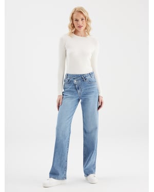 Cora jeans met middelhoge taille en lange pijpen, 5 zakken, mediumblauw