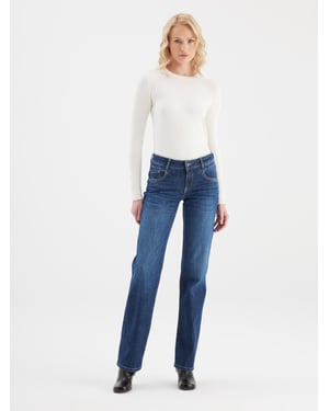 Diva jeans met middelhoge taille en lange pijpen, 5 zakken, donkerblauw