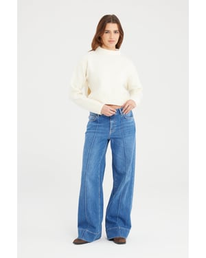 Layla jeans met middelhoge taille, volledige lengte, plooien en 5 zakken, mediumblauw