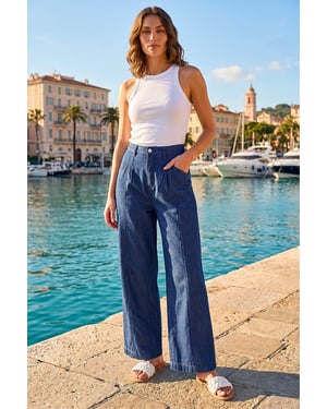 Petite Stitch Pocket Wide Leg Jeans