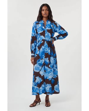 Viscose Woven Stripe Contrast Blue Floral Midi Shirt dress